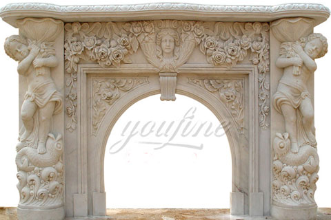 Комнатый бежевый каминный портал из мрамора в простом тиле
