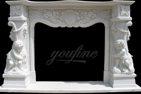 Комнатый белый декаративый недорогий каминный мраморный портал в простом тиле