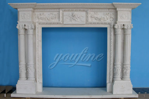 Комнатый белый декаративый недорогий каминный мраморный портал в простом тиле